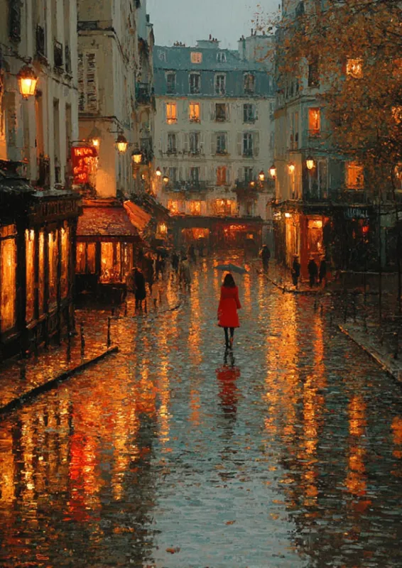 Oil painting style artwork of a faceless woman in a red coat walking with an umbrella down a rain-soaked Parisian street at evening with golden café lights and glowing reflections on wet cobblestones