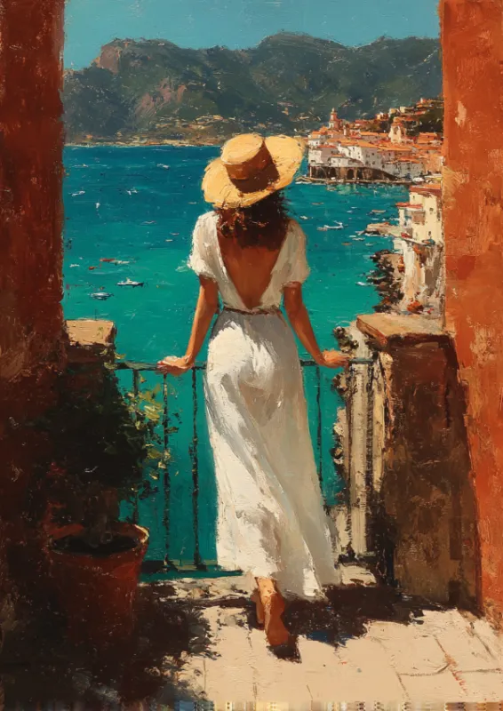 Oil painting style artwork of a faceless woman from behind in a white dress and straw hat standing on a terracotta balcony overlooking turquoise Amalfi Coast waters with a distant Italian village and green mountains