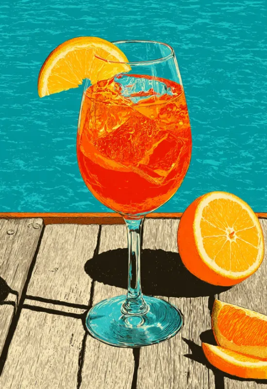 Gedurfde retro zeefdrukstijl illustratie van een Aperol Spritz cocktail in een wijnglas met ijs en een sinaasappelschijfje op een houten terras naast gesneden sinaasappels en turquoise zwembadwater
