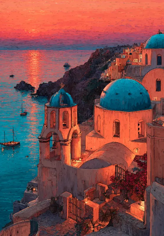 Schilderachtige illustratie van Santorini bij zonsondergang met iconische blauwgekoepelde kerken en witgekalkte gebouwen gloeiend in warm perziklicht op vulkanische kliffen boven turquoise water met zeilboten en een roze-oranje hemel