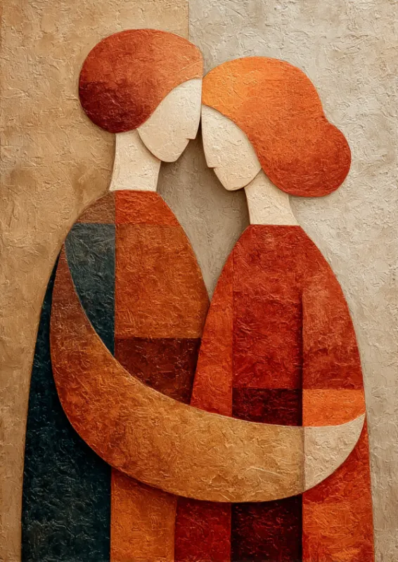 Abstract textured painting of two simplified faceless figures embracing, composed of geometric shapes in burnt sienna, terracotta, deep teal, and cream tones with heavy impasto canvas texture