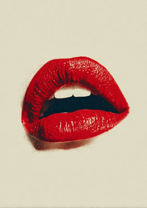 Bold graphic art print of oversized glossy crimson red lips slightly parted with a subtle bite against a clean cream background with vintage halftone grain texture