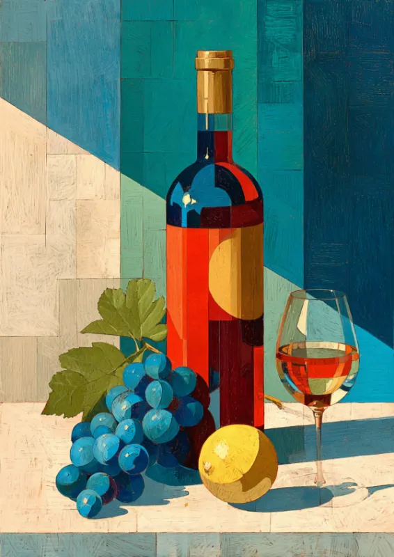 Bold modern cubist-style painting of a red wine bottle, wine glass, blue grapes with green leaves, and a yellow lemon on a table against geometric colour blocks of teal, blue, and cream with visible brushstroke texture