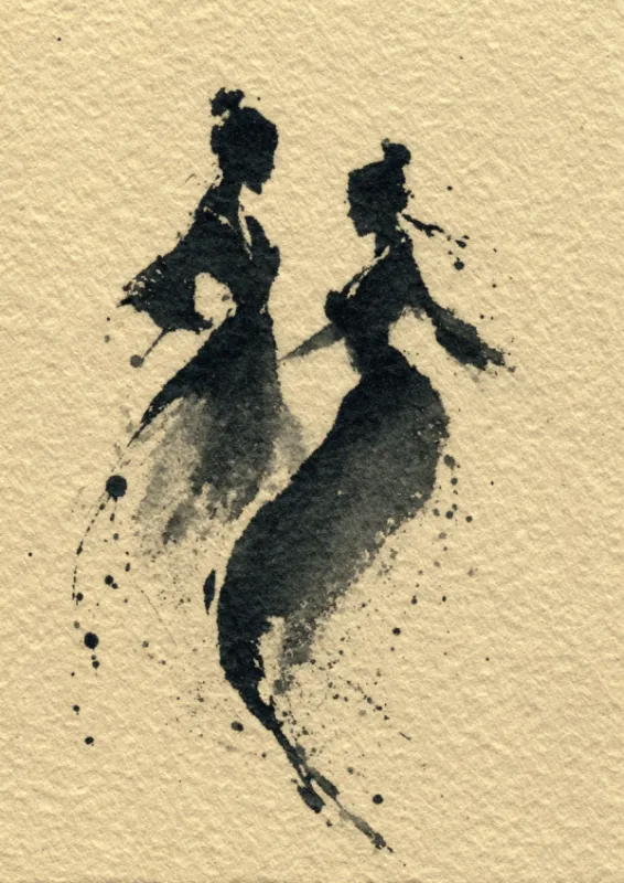 Expressief zwart inktschilderij van twee abstracte faceless figuren die samen dansen met gedurfde sumi-e penseelstreken en inktspatten op warm getextureerd crème papier