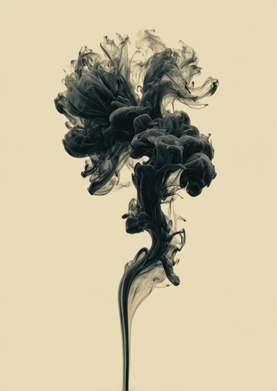 Abstracte zwarte inkt die in water uiteenspreidt en een ingewikkelde bloem-achtige bloei vormt met wervelende transparante bloembladvormige vormen opstijgend vanuit een dunne stengel op een warme crème achtergrond