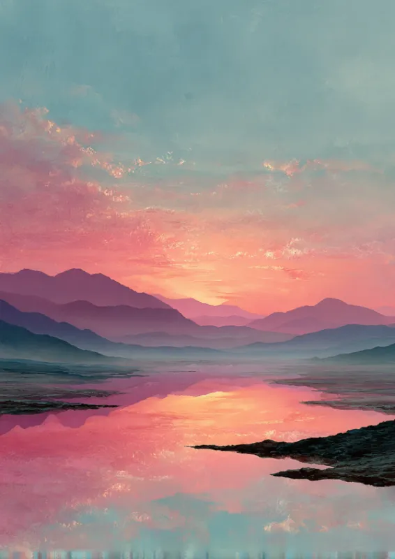 Painterly landscape of a pastel sunset over layered purple mountain silhouettes with coral pink peach and pale blue sky reflected in perfectly still water