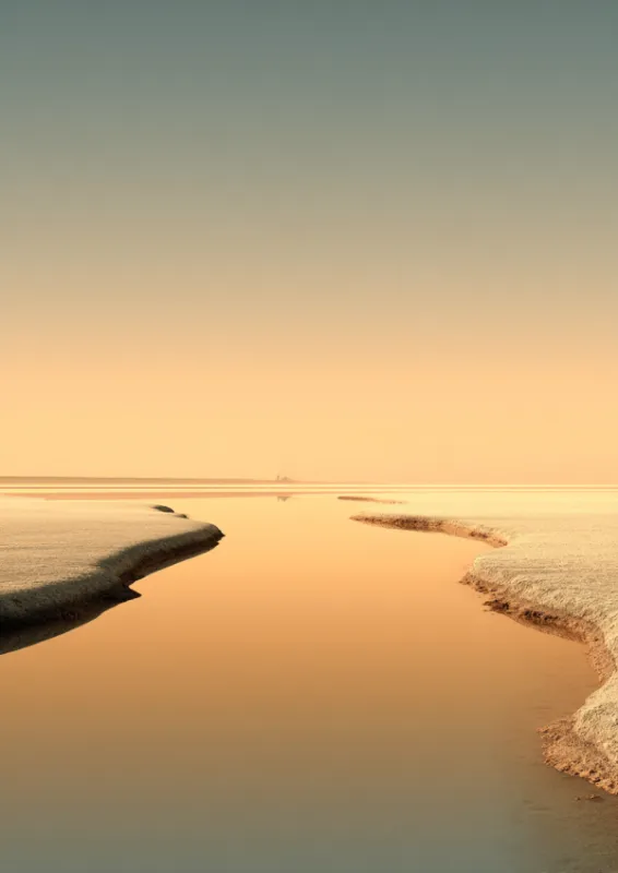 Minimalist photograph of a winding tidal channel between low sand banks leading to a golden horizon where calm peach-toned water meets an amber and soft teal gradient sky at sunset
