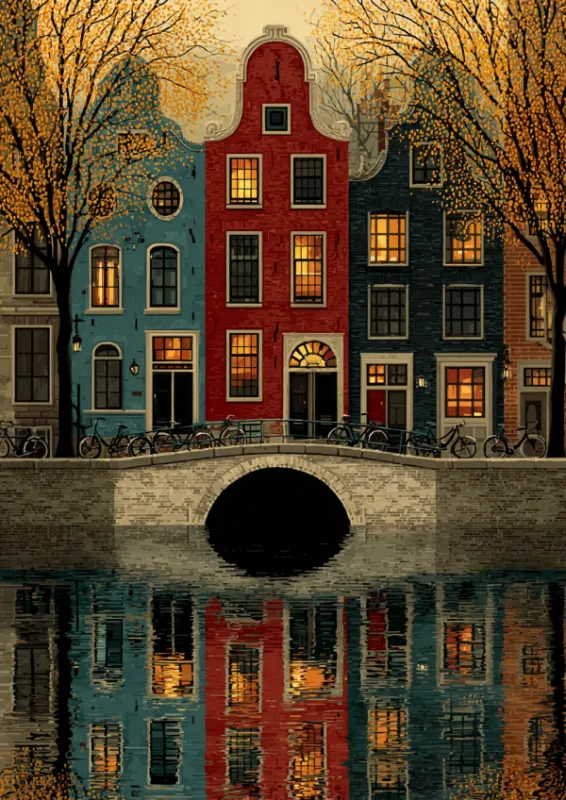 Warme schilderachtige illustratie van Amsterdamse grachtenpanden in blauwgroen, rood en donker marineblauw achter een stenen boogbrug met fietsen en gouden herfstbomen, hun gloeiende ramen weerspiegeld in het stille grachtwater