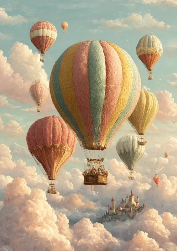Speelse illustratie van kleurrijke vintage luchtballonnen in pastel roze, blauwgroen, goud en crème zwevend door zachte golvende wolken boven een sprookjeskasteel met torens die uit de mist oprijzen