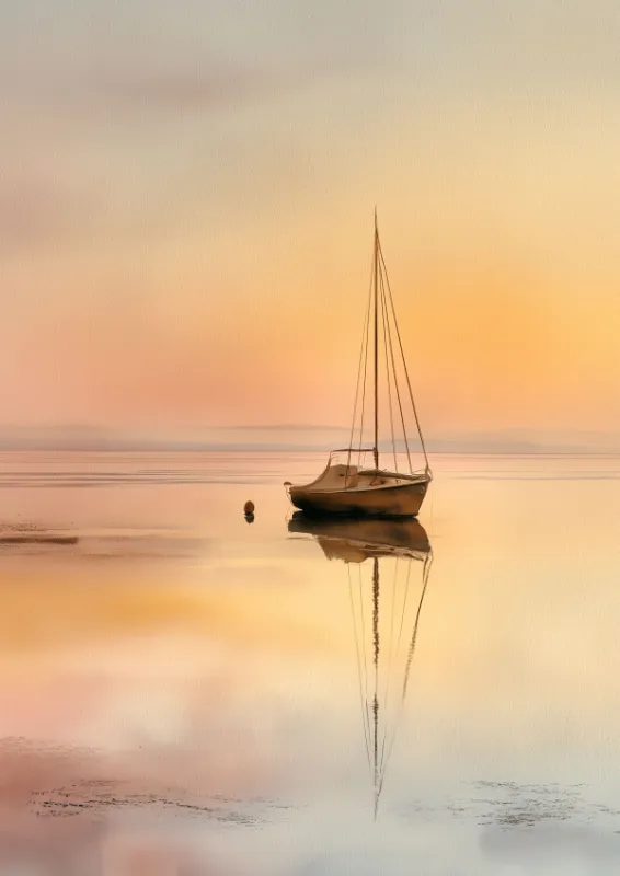 Soft watercolour painting of a small sailing boat on still glassy water with warm gold and blush pastel sky above and gentle reflections on the calm surface in Scandinavian coastal style