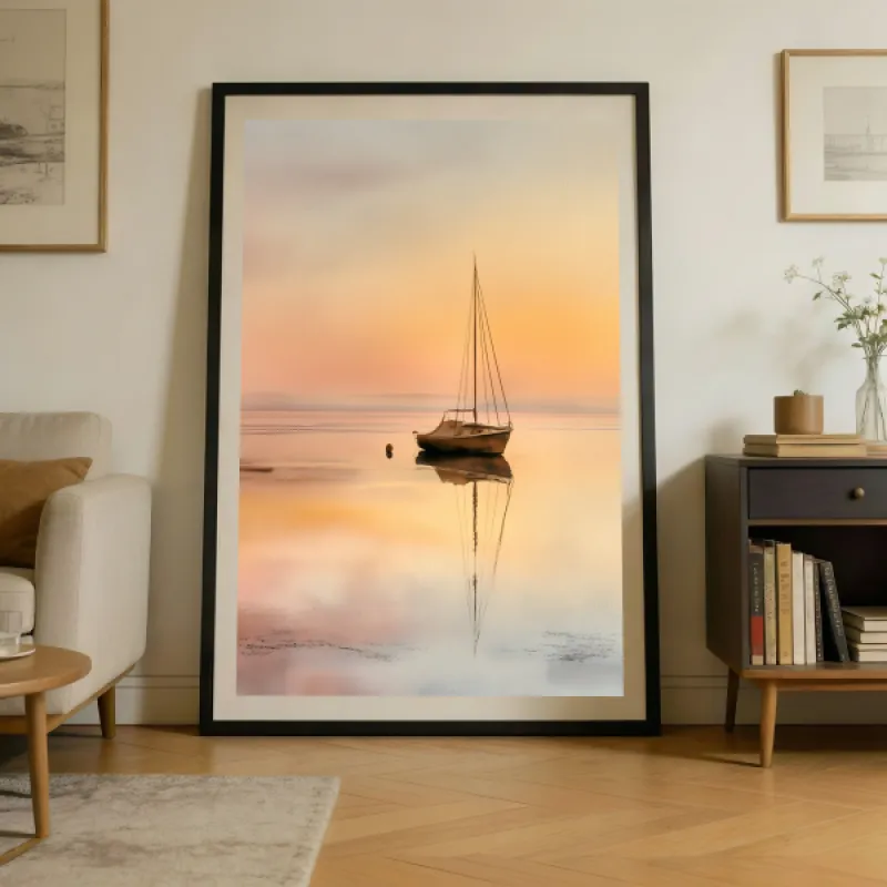 Soft Watercolour Sailing Boat On Still Water Wall Art Print — Pastel Seascape Scandinavian Coastal Poster
