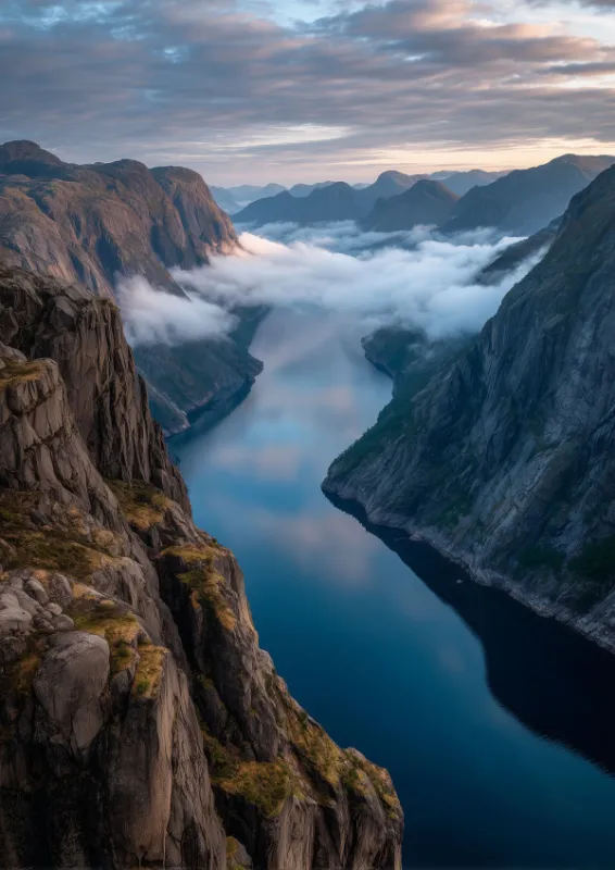Dramatisch Noors fjordlandschap met torenhoge donkere kliffen die oprijzen uit spiegelstil diepblauw water, lage wolken in de vallei en warm gouden licht op verre bergtoppen in de schemering