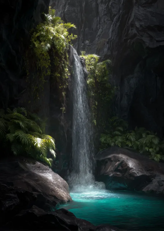 Powerful waterfall cascading over dark basalt rocks into a luminous turquoise pool surrounded by lush green ferns and moss, with silken long-exposure water and misty spray catching the light