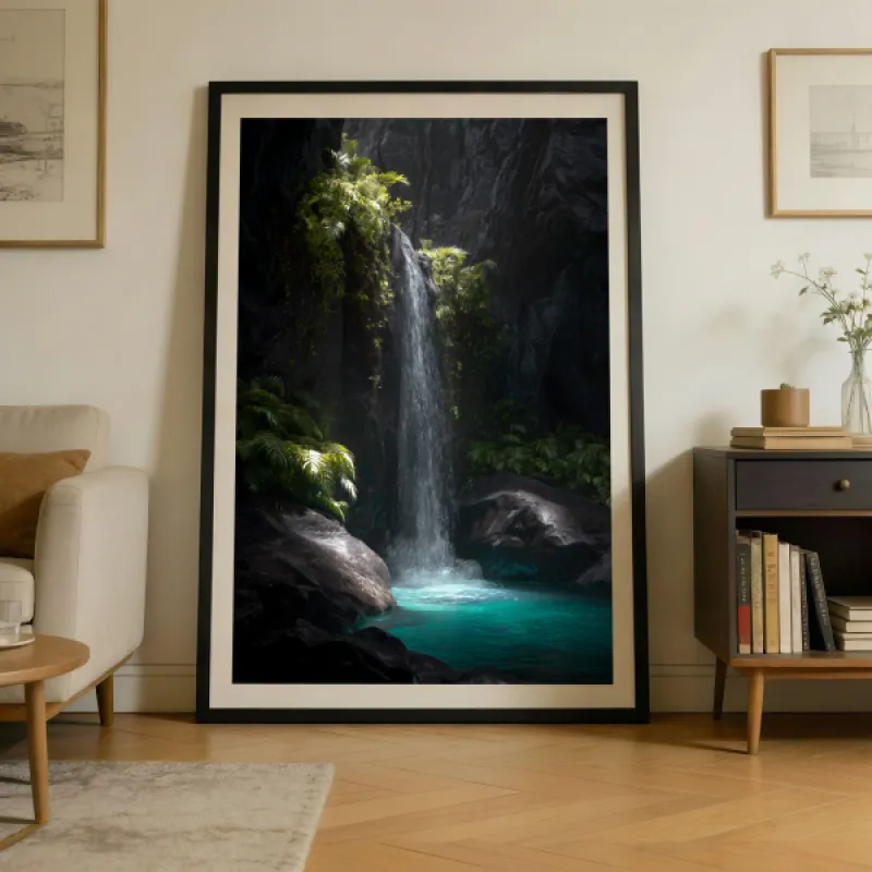 Dramatic Waterfall Over Dark Basalt Rocks Wall Art Print — Turquoise Pool Cinematic Nature Poster