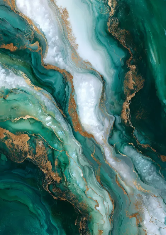 Flowing abstract with deep emerald green and white marble-like mineral veining and glinting gold leaf accents on a dark background, resembling precious agate or malachite stone