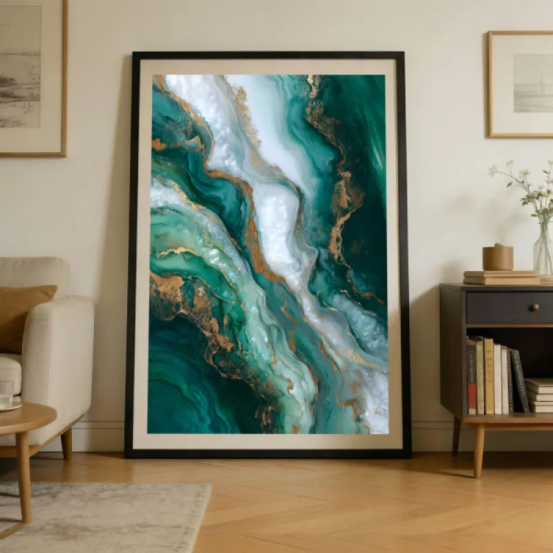 Emerald Green Marble Abstract Wall Art Print — Gold Leaf Mineral Opulent Statement Poster