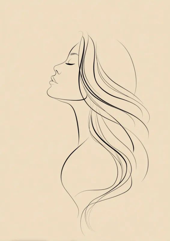 Minimalist continuous single-line ink drawing of a woman's side profile with flowing hair on a clean warm white background with generous negative space in Japandi style