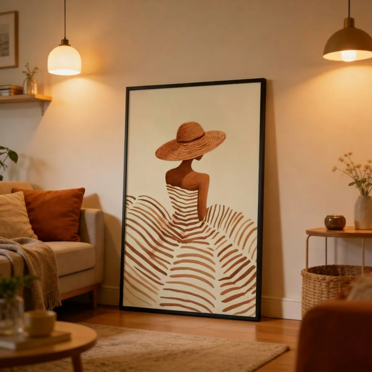 Elegante Strohoed Vrouw Wandkunst Print — Neutrale Tinten Faceless Mode Poster