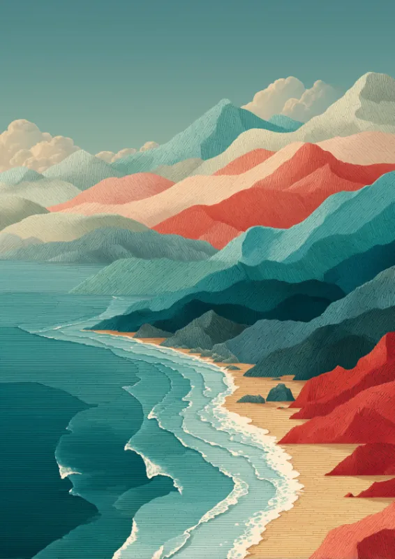 Graphic bird's-eye illustration of a winding sandy coastline flanked by layered mountains in coral red, teal, salmon pink, and sky blue with fine textural lines