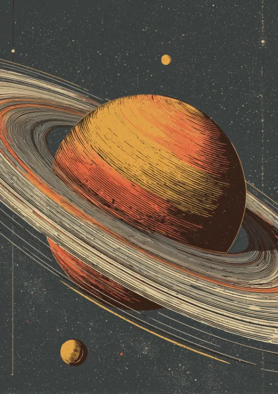 Vintage stijl illustratie van Saturnus met zijn ringen in gloeiend oranje, amber en roestbruin met fijne arceerlijnen op een donkere leisteenblauwe achtergrond met sterren