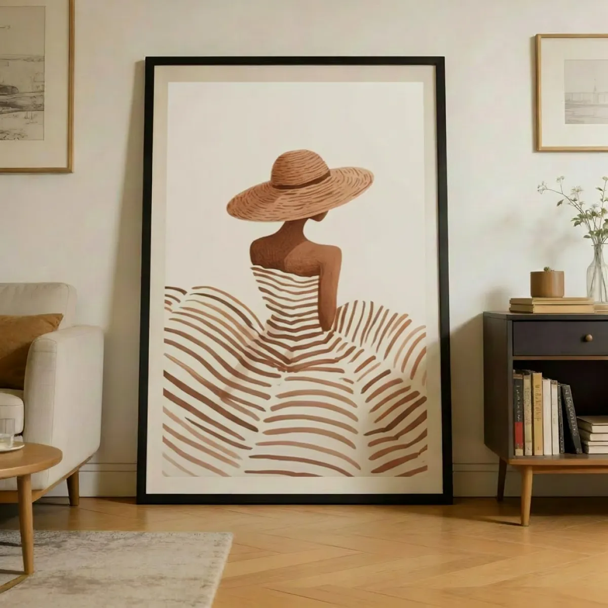 Elegante Strohoed Vrouw Wandkunst Print — Neutrale Tinten Faceless Mode Poster