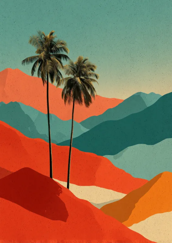 Graphic illustration of two slender palm trees rising from bold layered hills in red, coral orange, teal, and golden yellow with a light surface texture