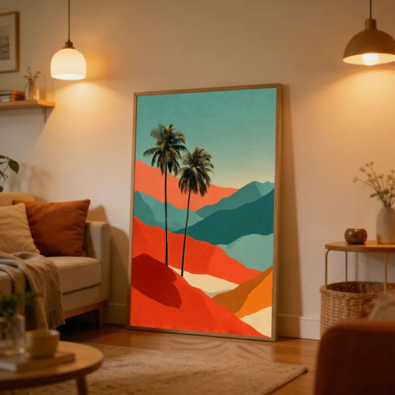 Twin Palm Trees on Bold Layered Hills Wall Art Print — Tropical Graphic Landscape Poster