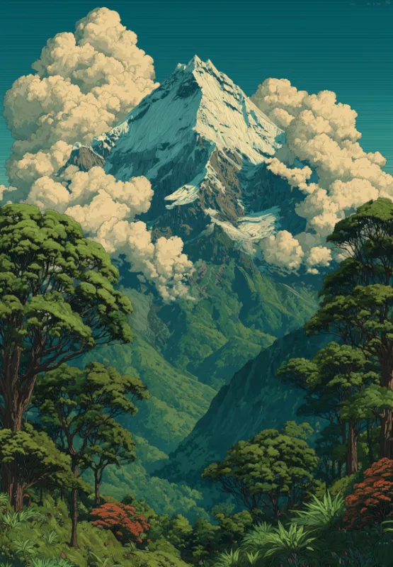 Vintage expedition poster style illustration of a snow-capped mountain peak rising above a lush tropical forest with dramatic cumulus clouds and red flowering shrubs