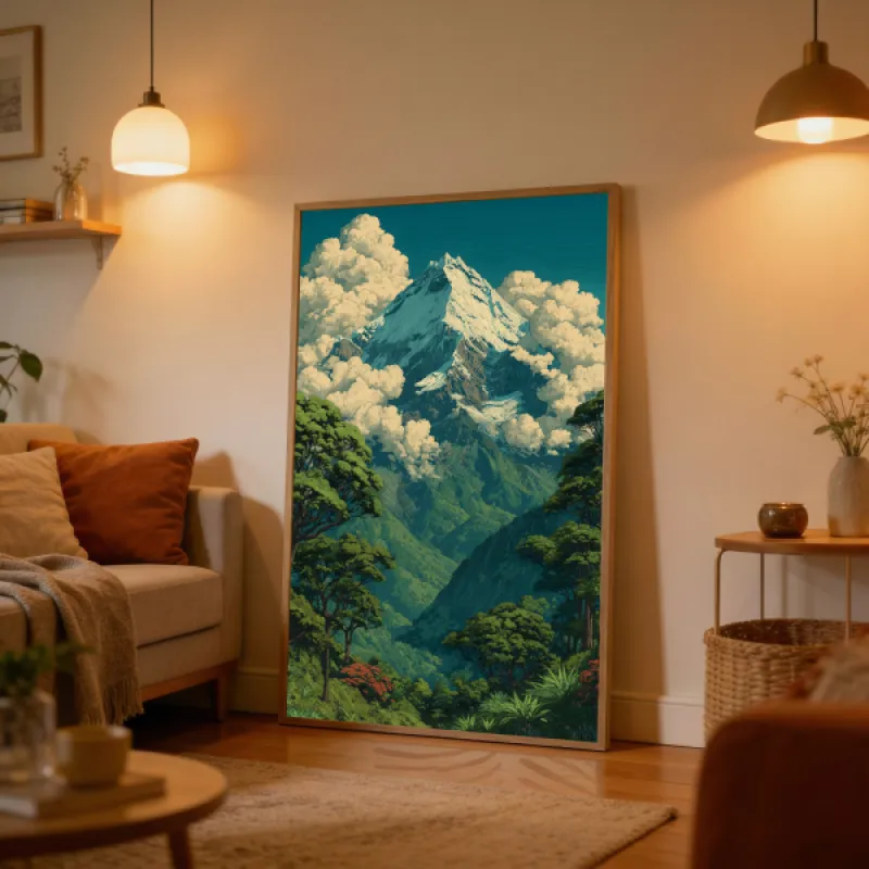 Snow-Capped Expedition Mountain Peak Wall Art Print — Vintage Tropical Forest Adventure Poster