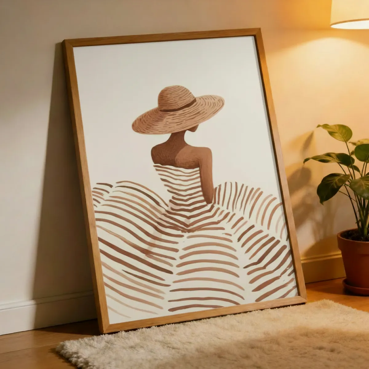 Elegante Strohoed Vrouw Wandkunst Print — Neutrale Tinten Faceless Mode Poster