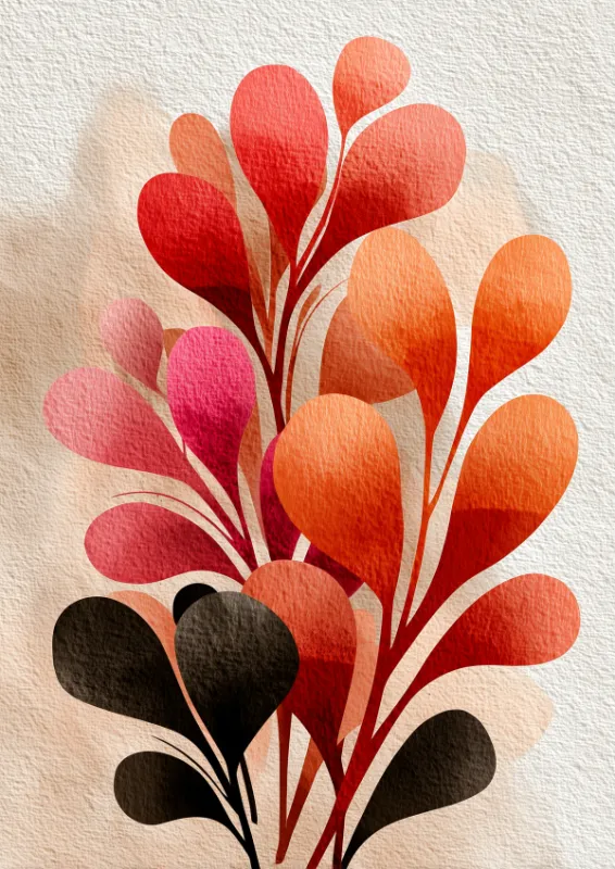 Abstract botanical cut-out composition with rounded and teardrop-shaped leaf forms in coral red, orange, terracotta, hot pink, and dark charcoal on a cream textured background
