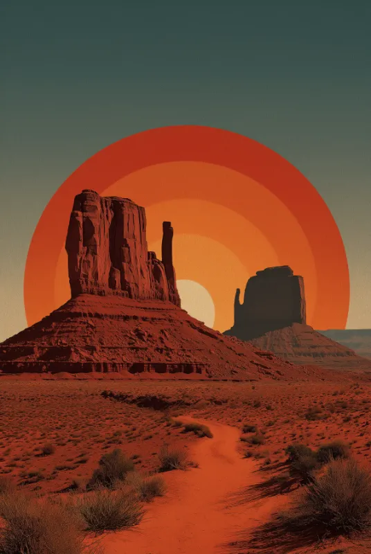 Art deco stijl illustratie van monumentale woestijn rotsformaties in bloedoranje met een grote gestileerde zon in concentrische oranje cirkels tegen een donkerteal lucht