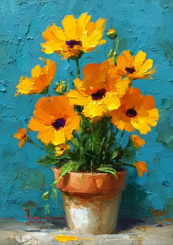 Rich impasto oil painting of glowing yellow and orange sunflowers with dark centres in a terracotta pot against a deep turquoise blue background