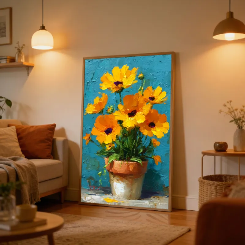 Bold Impasto Sunflowers in a Terracotta Pot Wall Art Print — Oil Painting Botanical Poster