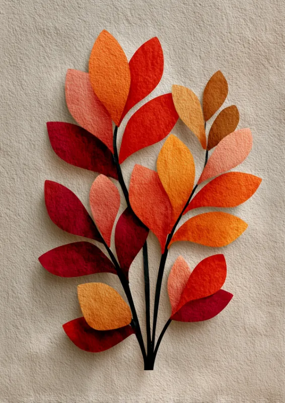 Flat paper cut-out style botanical composition of autumn leaves in terracotta red, bright red, salmon pink, amber, and warm brown on a light beige textured background