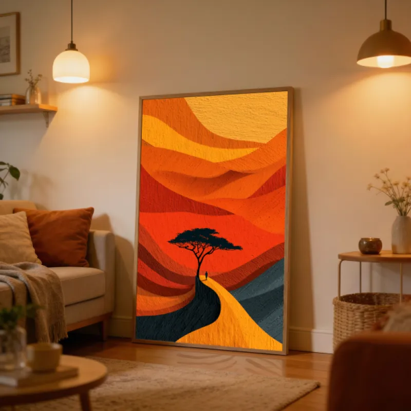 Golden Savanna with Lone Acacia Tree Wall Art Print — African Landscape Bold Wavy Poster