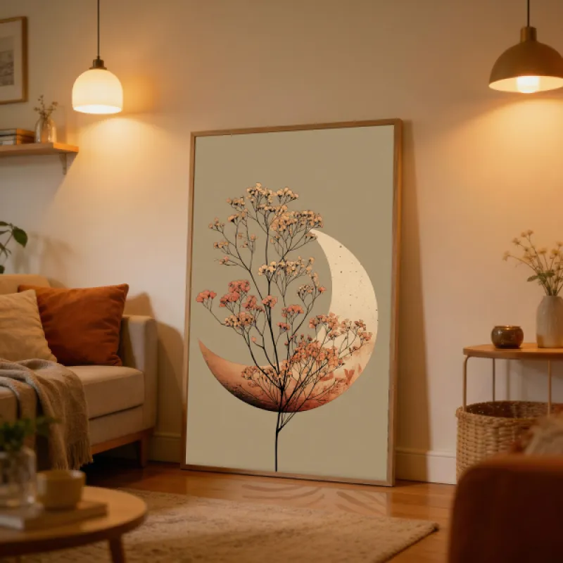 Crescent Moon with Blooming Botanical Branch Wall Art Print — Celestial Minimalist Poster