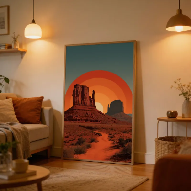 Art Deco Desert Mesa Landscape Wall Art Print — Monument Valley Sunset Adventure Poster