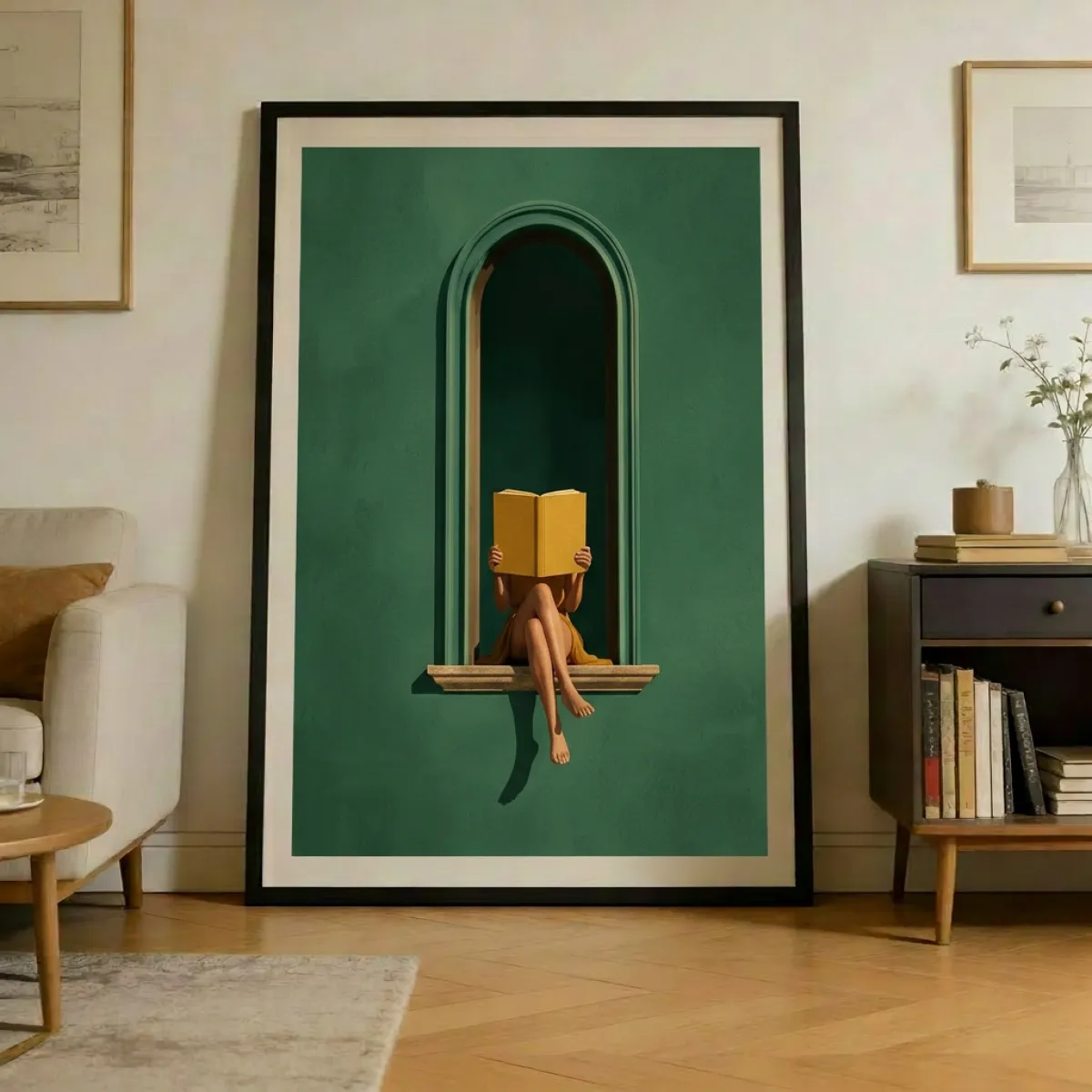 Lezende Vrouw in Boogvenster Wandkunst Print — Groen & Mosterdgeel Faceless Kunstposter