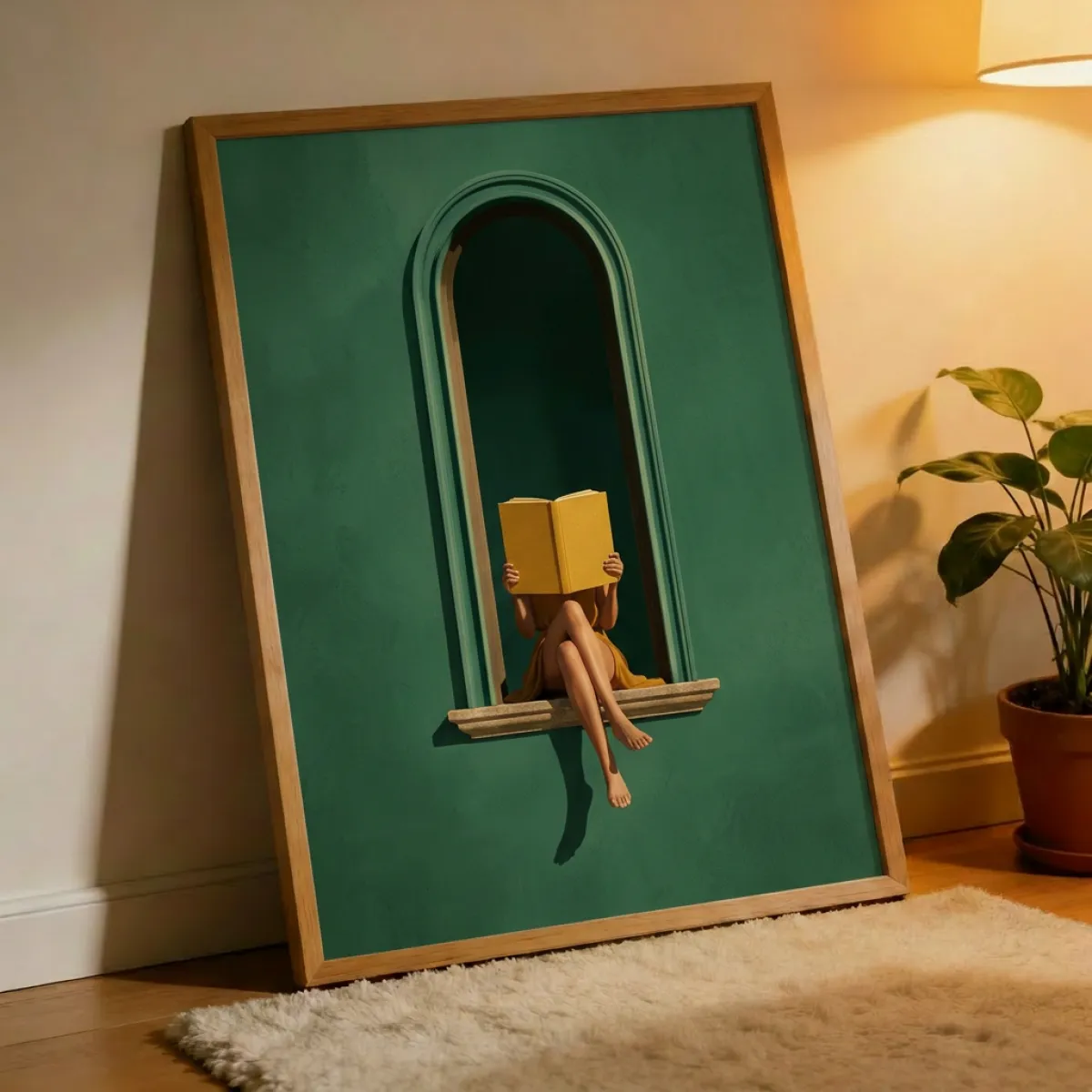 Lezende Vrouw in Boogvenster Wandkunst Print — Groen & Mosterdgeel Faceless Kunstposter