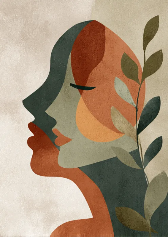 Abstract illustration of a feminine profile composed of overlapping geometric shapes in terracotta, sage green, and muted gold tones with botanical leaf branches on a textured beige background