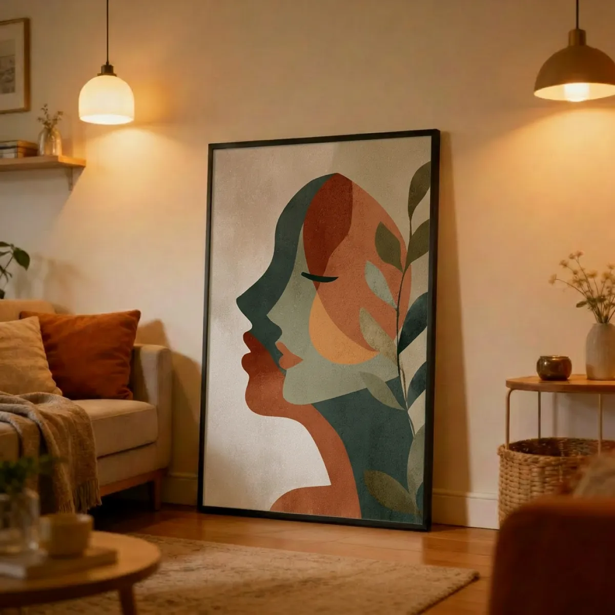 Abstract Vrouwelijk Profiel met Botanische Bladeren Wandkunst Print — Aardetinten Boho Poster