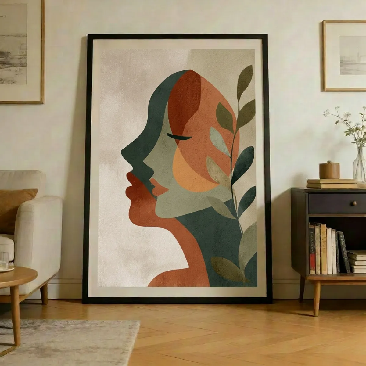 Abstract Vrouwelijk Profiel met Botanische Bladeren Wandkunst Print — Aardetinten Boho Poster