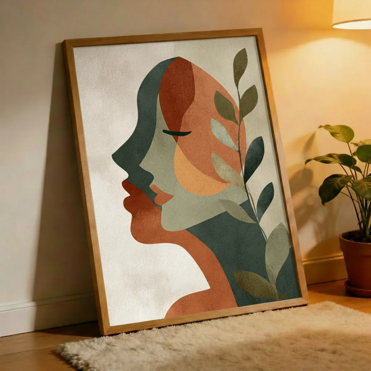Abstract Vrouwelijk Profiel met Botanische Bladeren Wandkunst Print — Aardetinten Boho Poster