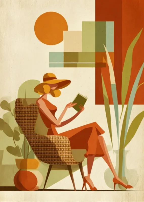 Mid-century modern illustrated poster of a woman