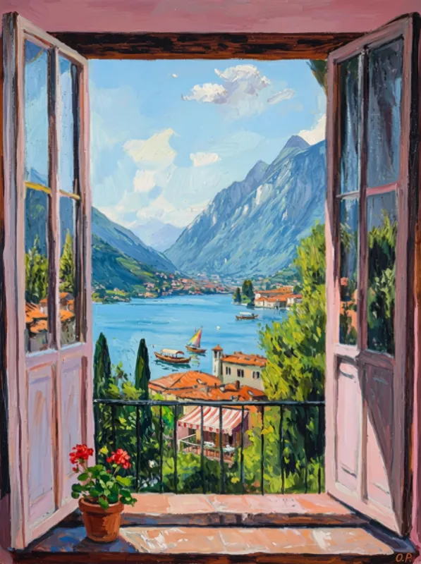 impressionist oil painting of Italian lake view through open window