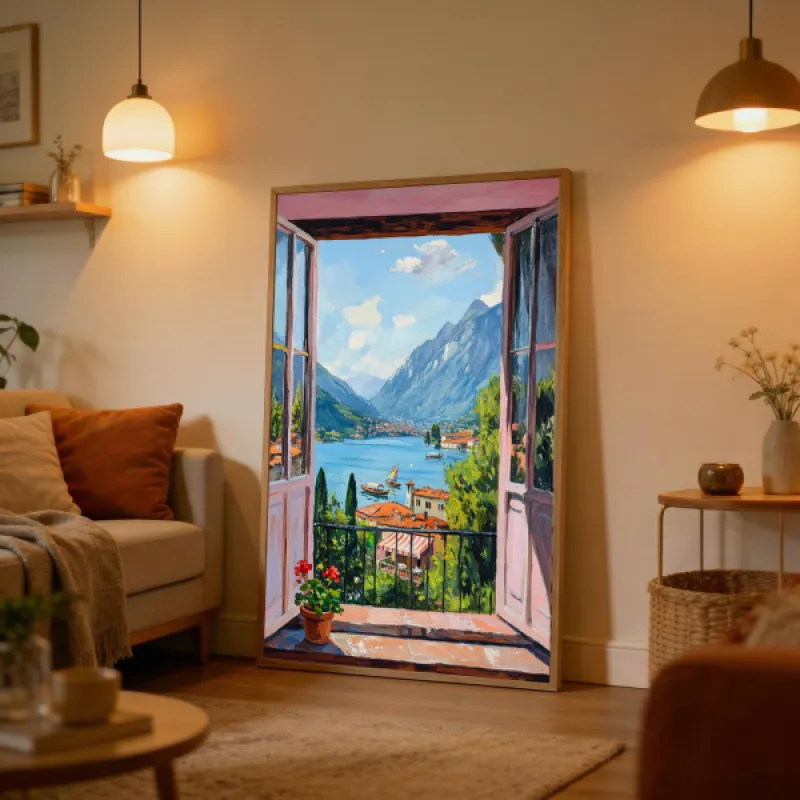 Italian Lake View Window Painting — Lake Como Wall Art Print