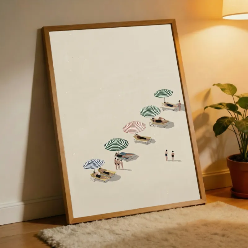 Summer Beach Aerial View Wall Art Print — Riviera Sunbathers Poster