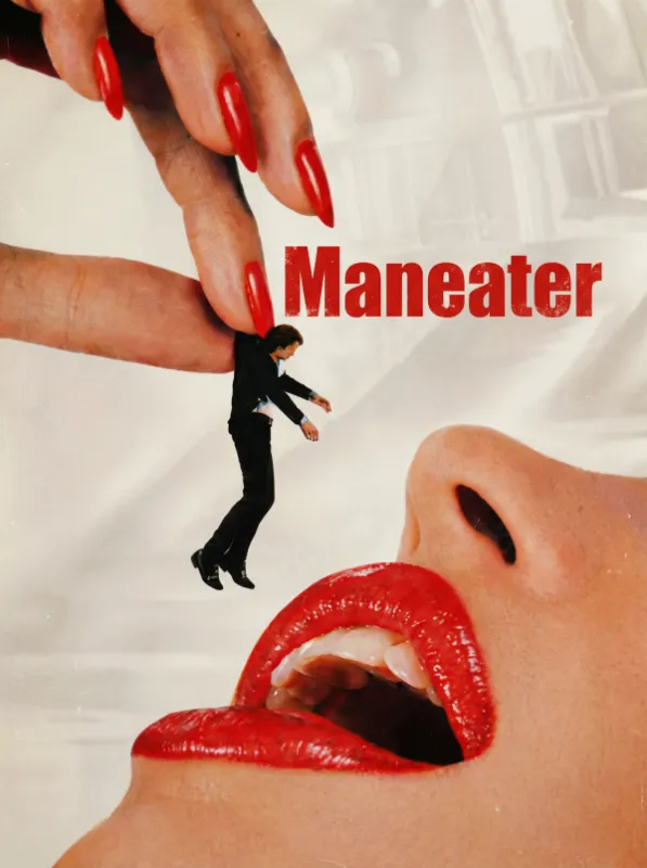 vintage pop art collage Maneater met rode lippen overmaatse nagels en kleine pakfiguur