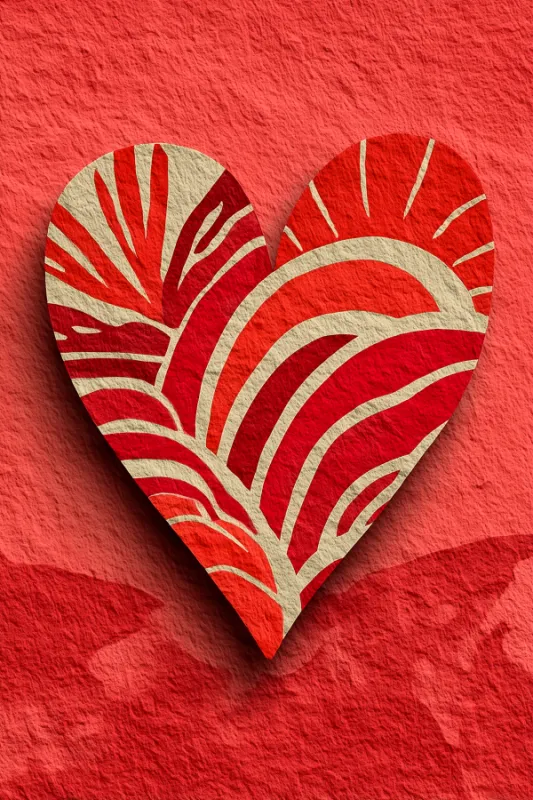 bold red decorative heart with cream wave patterns on textured red background